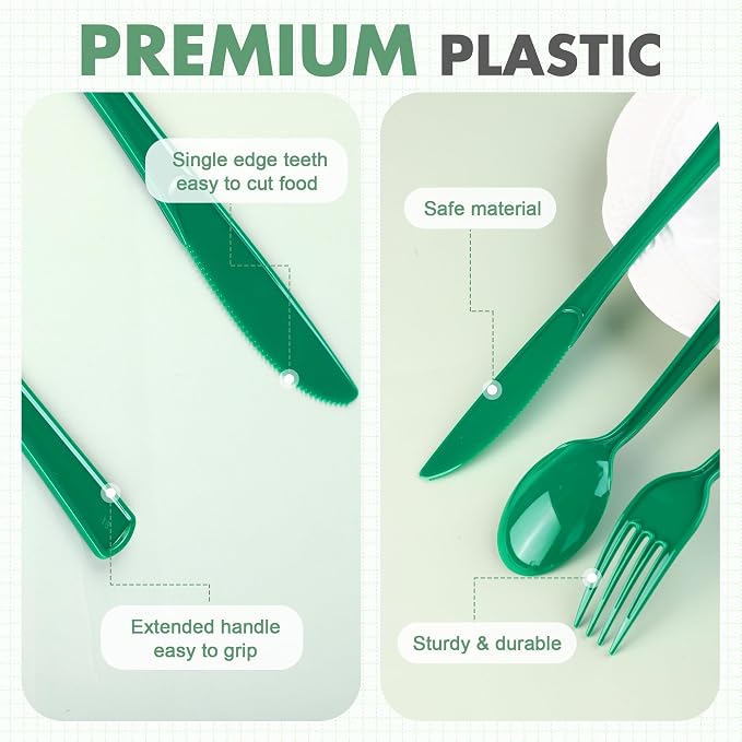 Kochorie 300Pcs Graduation Ink Green Heavy Duty Disposable Plastic Silverware Set, Premium Sturdy Cutlery Flatware Include Forks Knives Spoons for Graduation Birthday Wedding Party Dinner