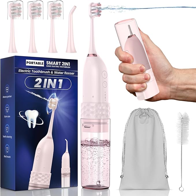 Electric Toothbrush with Water flosser, 2 in 1 Teeth Cleaning Kit, Toothbrush and Water flosser Combo, Travel Toothbrush with Water Bottle(Pink)