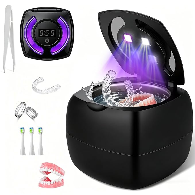 Ultrasonic Retainer Cleaner Machine, 340ml 48kHz Ultrasonic Cleaner for Retainers, Dentures, Mouth Guard & Jewelry,4 Cleaning Modes, Large Capacity Tank,Portable Quiet Design with UV Light,Black