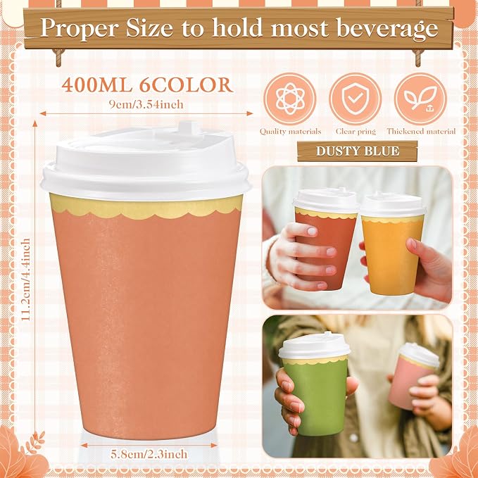 Willinglong 60 Pcs Fall Disposable Paper Cups with Lids 12oz Thanksgiving Coffee Cups with Golden Lace Drinkware for Birthday Baby Shower Bride Holiday Party Business Events DIY Supplies(Boho Colors)