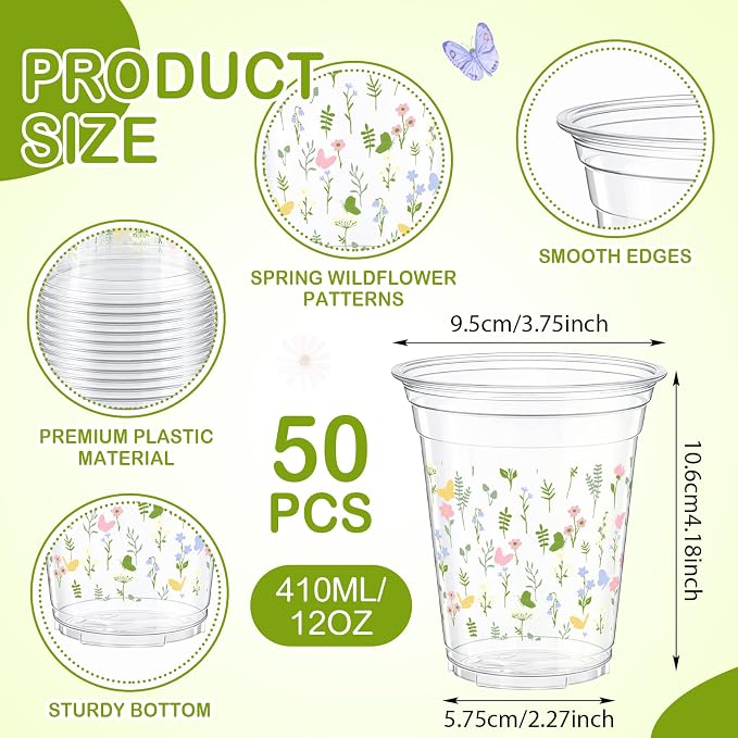 Qinyoung 50 Pcs Plastic Cups 12oz Disposable Cups Bulk Drinking Cup for Cold Drinks Baby Shower Wedding Birthday Valentine's Day Party Supplies (Floral)