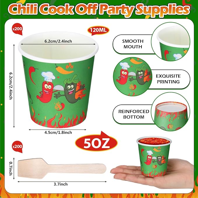Teenyyou 100 Pcs 5 oz Chili Cook off Party Decorations Mini Chili Cook off Tasting Cups Disposable Sample Paper Cup Bowls and Wooden Spoons for Pepper Competition Prizes Party Cooking Supplies, Green