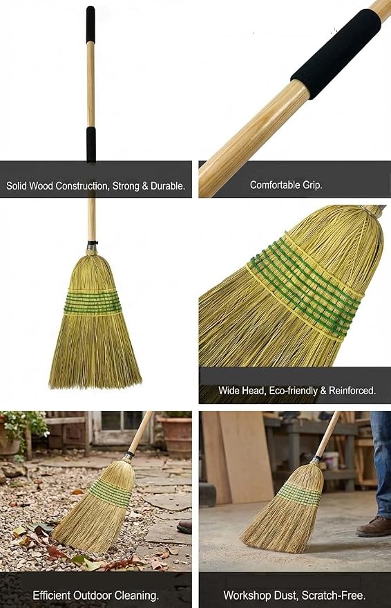 Straw Broom,Handmade Corn Broom Made from Natural Corn stalks, Outdoor Broom Equipped Wooden Handle. Natural Broom Reinforced (2)