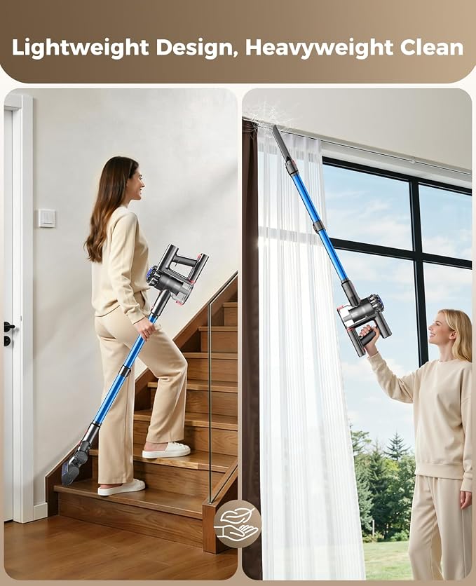 Cordless Vacuum Cleaner, 500W 45KPA Vacuum Cleaners for Home, 45Mins Lightweight Stick Vac with Anti-Tangle Brush, LED Display, Rechargeable Battery for Home, Carpets, Pet Hair, Hardwood Floors