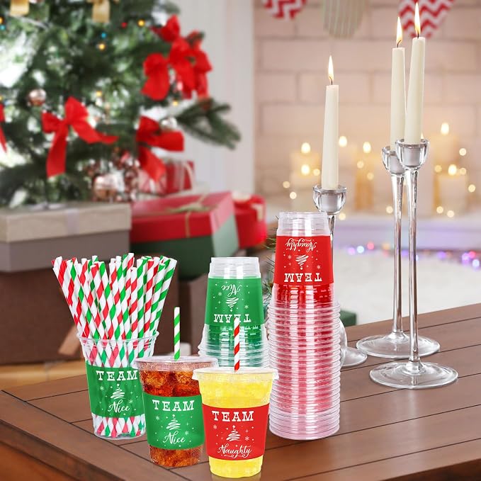 JarThenaAMCS 50 Pcs 12oz Christmas Plastic Cups with Lids and Straws Red Green Team Naughty or Nice Xmas Disposable Party Cups for Beverages Drinks Holiday Party Supplies