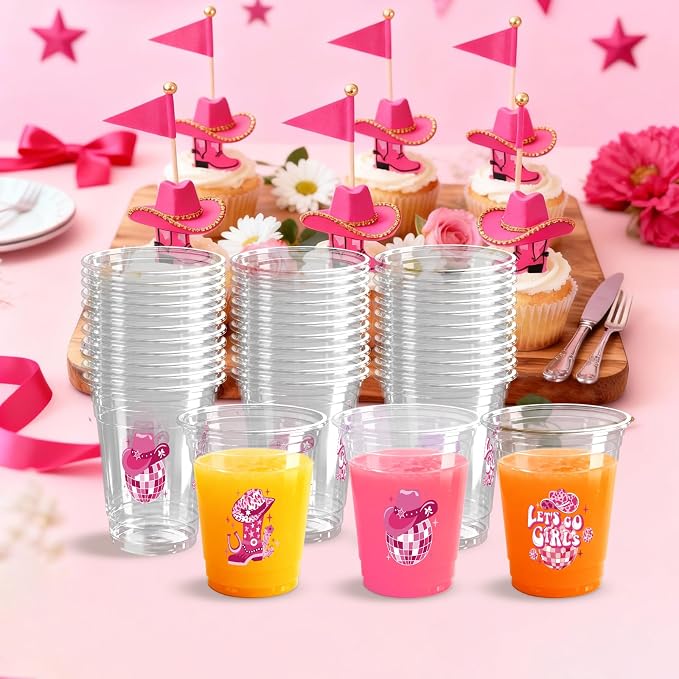 100 Pcs Pink Western Cowgirl Party Plastic Cups 12 OZ Disco Disposable Cups, Cowboy Hat Boot & Disco Ball Designs, Disco Cowgirl Party Baby Shower Decorations