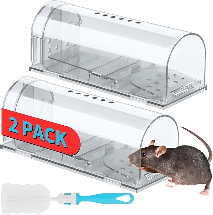 LULUCATCH Humane Mouse Traps 2 Pack | Live No Touch Catch and Release No Kill Rodent Traps | Reusable with Cleaning Brush | Pet Safe Indoor Outdoor for Mice, Rats, Chipmunks, Voles, White