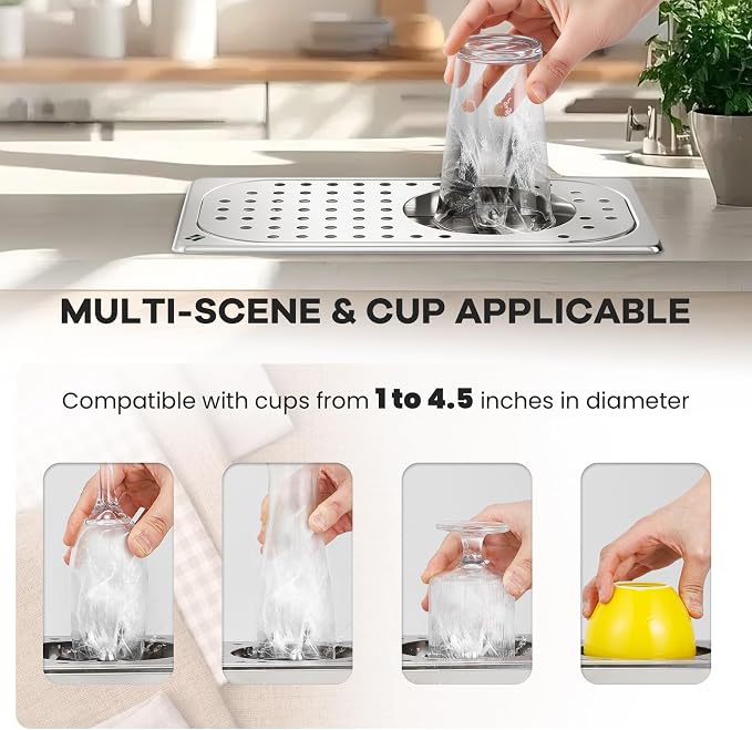 Huanyu Pitcher Rinser with 360 Degree Rotating High-Pressure Nozzle | Stainless Steel Glass Rinser with Drain and Drip Tray | Auto Cup Washer for Household and Commercial | 12.78×6.97×1.58 in