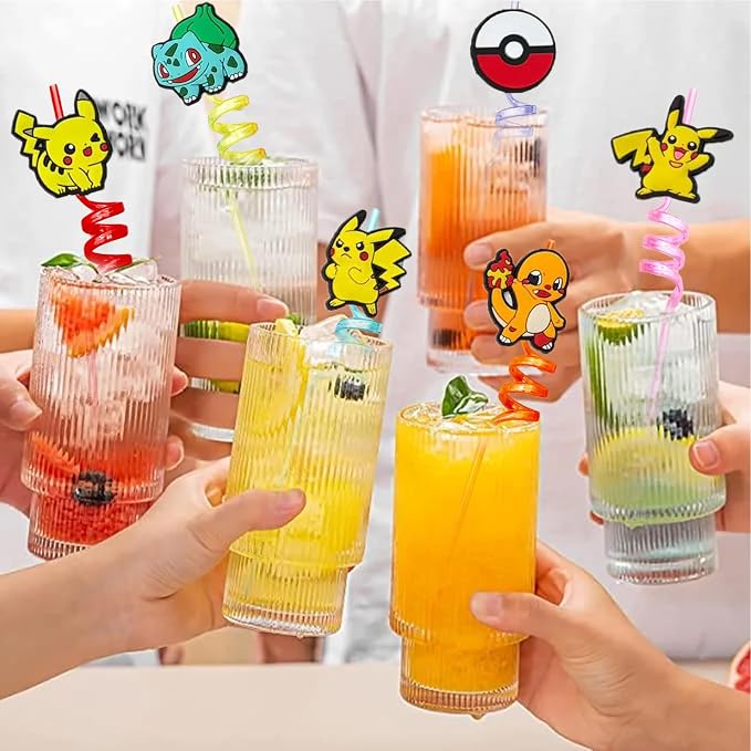 30pcs Electric mouse Straws Pokemon Party Supplies Favors With 2pcs Cleaning Brush Plastic Reusable Straws Birthday Party Supplies For Boys Girls