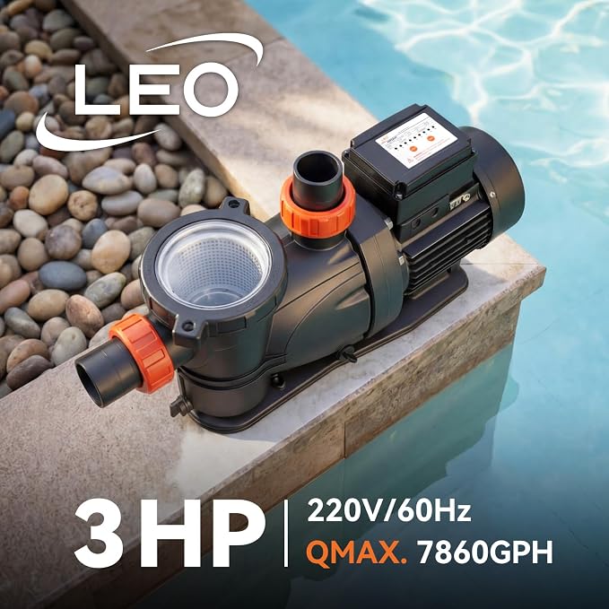 LEO 3HP In/Above Ground Pool Pump with Timer High Flow Powerful Self Priming Pool Pump, Single Speed 220V 7910GPH, Light Black