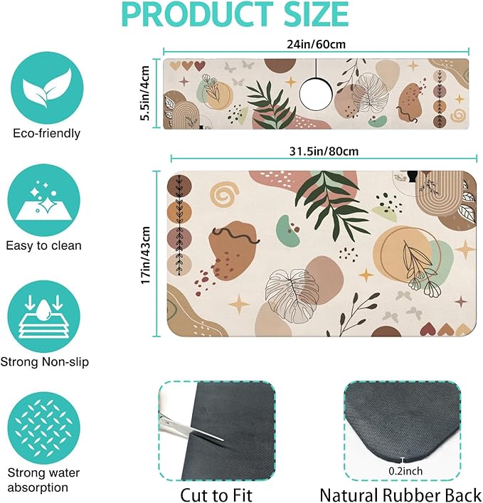 Dish Drying Mat for Kitchen Counter Matt, 2PCS 31.5"x17" Dish Drainer Mat & 24"x5.5" Sink Splash Guard, Super Absorbent Non-slip Rubber Backed
