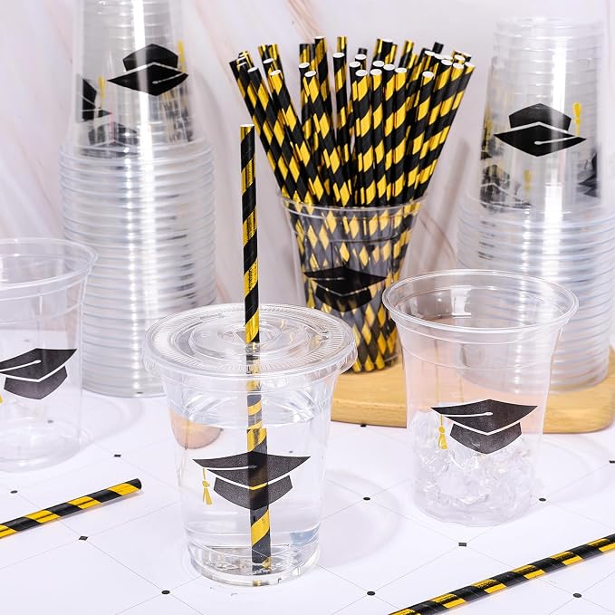Whaline 50Pcs 12Oz Graduation Disposable Plastic Cups with Lids and Straws Black Graduation Cap Cold Beverage Drinking Cups for Congrats Grad Party Supplies