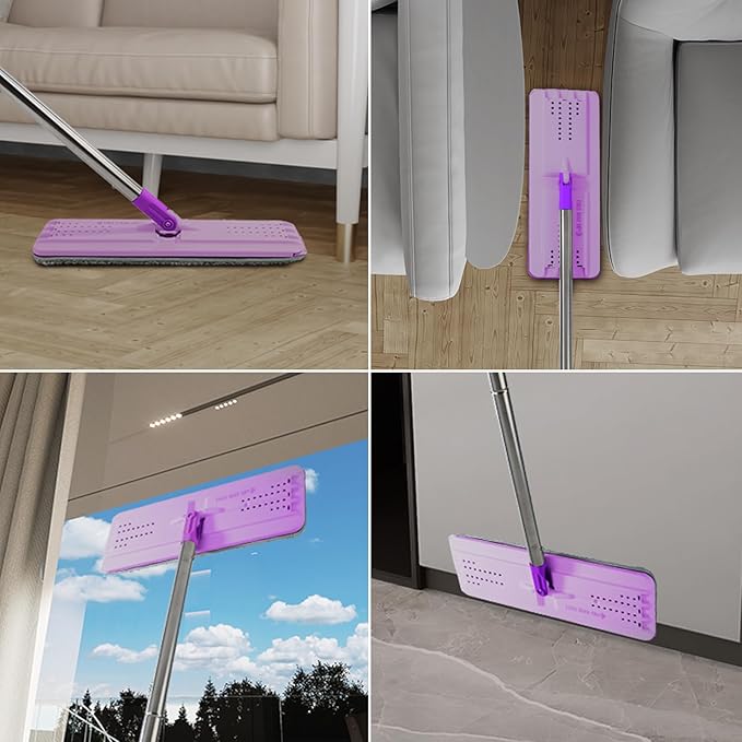 BOSHENG Mop and Bucket with Wringer Set, Hands Free Flat Floor Mop and Bucket, 5 Washable Microfiber Pads Included, Wet and Dry Use, Home Floor Cleaning System for All Floor Types and Windows,Purple