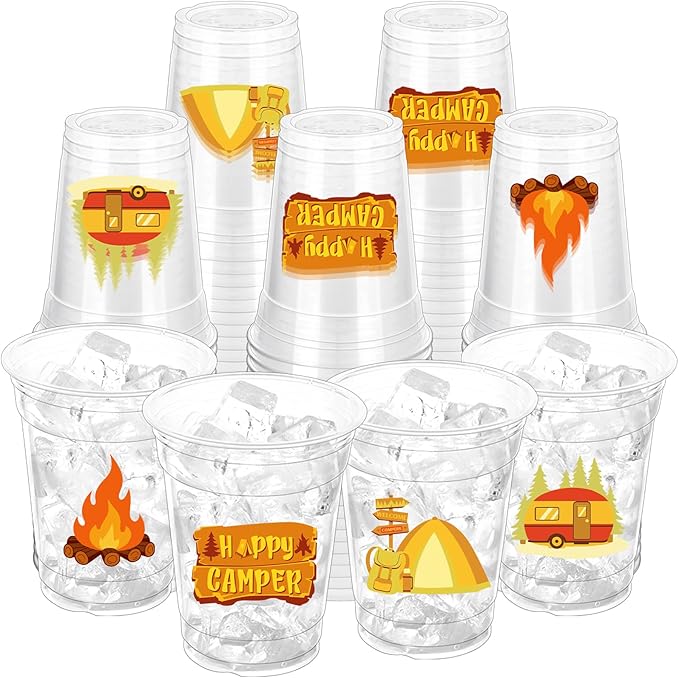 100Pcs Camping Plastic Party Cups, 12oz Camping Disposable Clear Cups for Outdoor Parties, Picnics, BBQ, Birthday, RV Trips Party Decorations (2 Styles)
