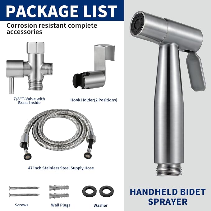 Brushed Nickel Handheld Bidet Sprayer for Toilet, Toilet Sprayer Bidet with Solid Brass T-Valve & Stainless Steel Hose, Adjustable Pressure Diaper Sprayer Kit for Bathroom & Baby Diaper
