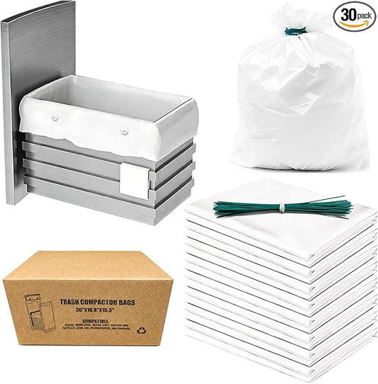 Heavy Duty Trash Compactor Bags for Kitchen Leak Proof 2.6 MIL Thickened Garbage Compactor Bags Compatible with Whirlpool, Kenmore, Jenn-Air 15 inch Rectangular Drawer Compactors - 30 pack