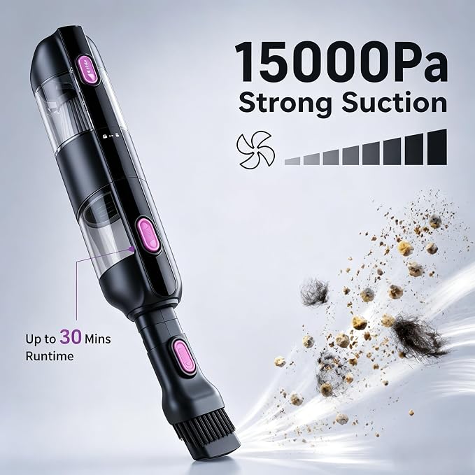 Handheld Car Vacuum Cleaner 15000Pa Cordless Mini Vacuum 3-in-1 Dust Buster with Blower & Inflator, 40000RPM Brushless Motor, LED Display, USB Rechargeable for Pet Hair, Home, Office