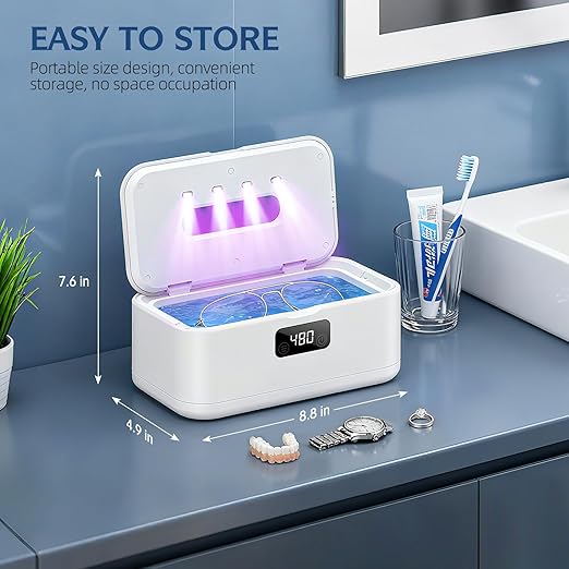 Ultrasonic Jewelry Cleaner, 50Khz Jewelry Cleaner Ultrasonic Machine for Jewelry, Eyeglasses, Rings, Watch Strap, Dentures, 24oz - 304 Stainless Steel Tank, Digital Timer, 5 Cleaning Modes(White)