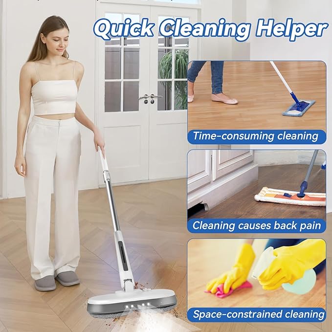 Cordless Electric Mop, Electric Spin Mop with LED Headlight and Water Spray,60 Mins Spin Power Scrubber Mops for Floor Cleaning,2000mAh Battery,350ml Water Tank,Standing Storage,Light Weight