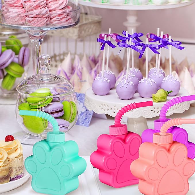 Sratte 12 Pieces 10 oz Dog Paw Cups for with Straw and Lid Dog Theme Birthday party Plastic Puppy Paw Print Drinking Cups for Pet Theme Party Supplies Decorations