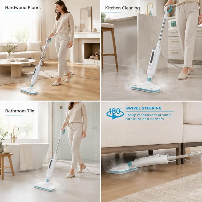 BLACK+DECKER 1300W Steam Mop for Hardwood, Tile & Laminate Floors, Multi-Surface Floor Steamer with Carpet Glider, 2 Washable Microfiber Pads, Fast Heat Up & 22 Ft Cord, White