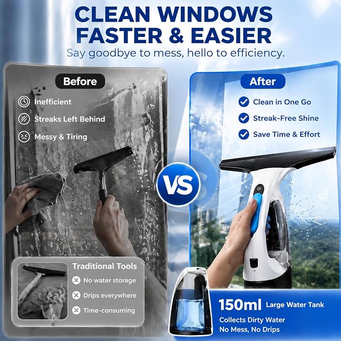 Window Vacuum Cleaner Electric Squeegee Cordless Glass Cleaner Tool Handheld Power Scraper with 28cm Blade for Window Shower Car