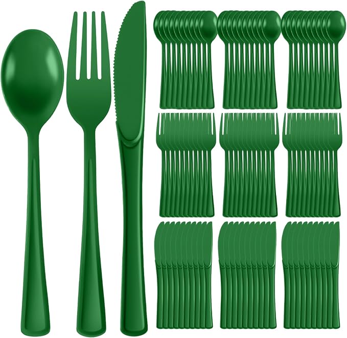 Plastic Silverware 300 PCS Disposable Silverware Heavy Duty Utensil Sets 100 Of Each Forks Knives & Spoons Disposable Cutlery Set For Easter,Birthday,Baby Shower,Garden Party,Wedding(300,Green)