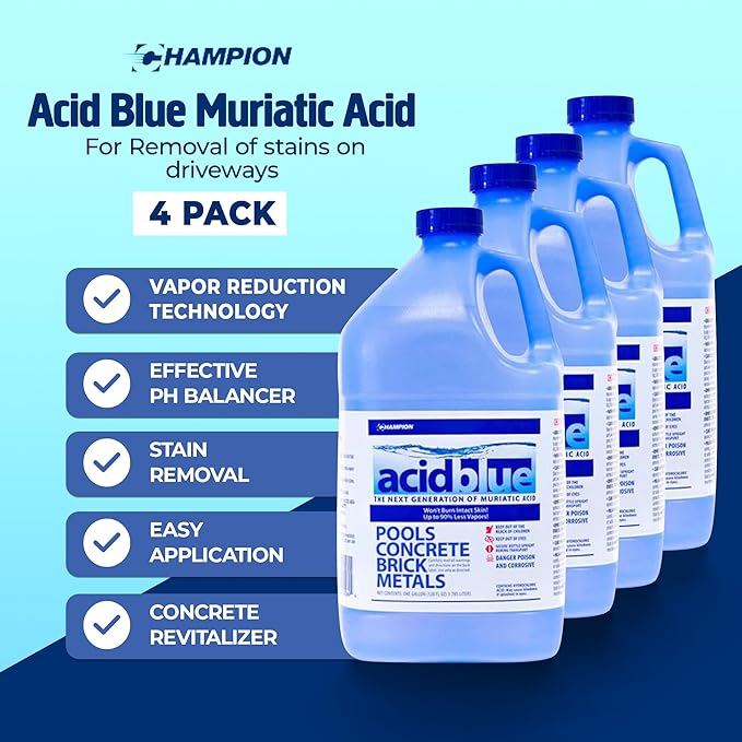 CPDI Champion 4-Pack Acidblue Muriatic Acid for Swimming Pools & Spas, 1 Gallon Each - Low-Fume pH Stabilizer & Cleaner for Concrete & Masonry Surfaces, Clears Rust & Scale Build-Up