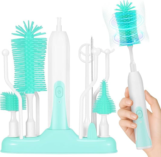 Electric Bottle Brush Cleaner,Rechargable Electric Baby Bottle Brush Cleaner,Travel Bottle Cleaner Kit with Silicone Bottle Brush,Straw Cleaner,Nipple Brush,Bottleneck Brush,Green