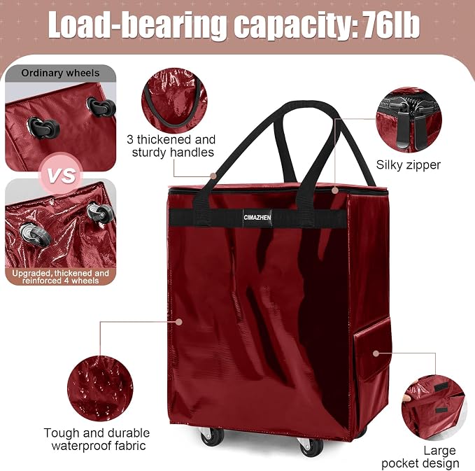 (Medium,Red) Reusable Grocery Bag on 4 Wheels, 70L Foldable Rolling Tote Bag with 3 Handles and Zipper, Rolling Shopping Cart for Groceries, Storage, Laundry, Travel, Organizer, 76lb