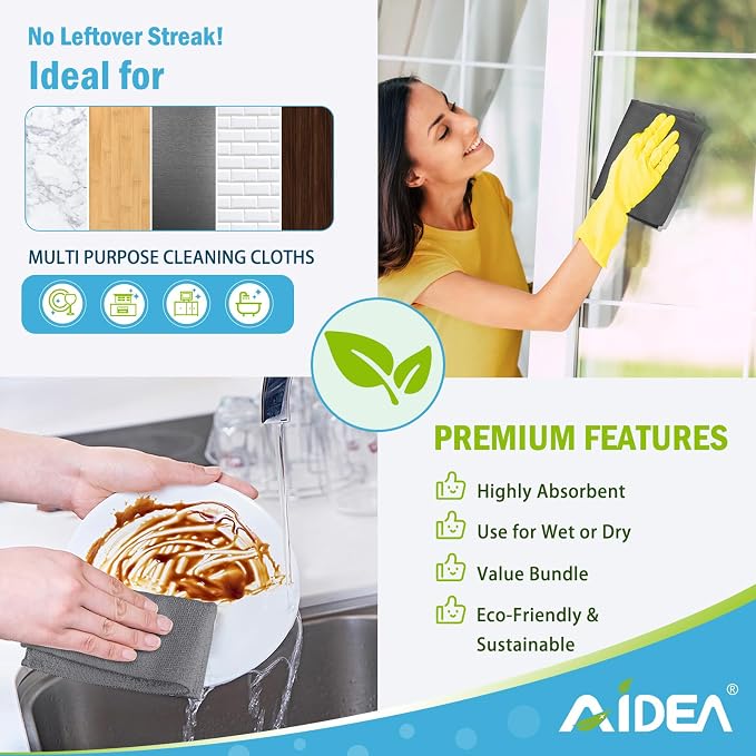 AIDEA Microfiber Cleaning Cloth Grey-200PK, Soft Absorbent Rags, Microfiber Towels for Cars, Kitchen Towels, Dusting Cloth for Home, Window, Cleaning Supplies, 12"×12"