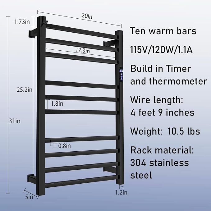 XBVV Black Towel Warmer Rack for Bathroom with Timer/Fahrenheit Display Electric Heated 10 Bars Drying Rail Plug-in or Hardwired Wall Mounted Heating Bath Towel Warming(Matte Black)