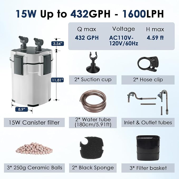 fishkeeper Canister Filters for Aquarium, 432GPH/1600LPH Ultra-Quiet External Fish Tank Filters for Freshwater & Saltwater Aquariums up to 100Gal,3-Stage Filtration with Quartz Balls and Filter Cotton