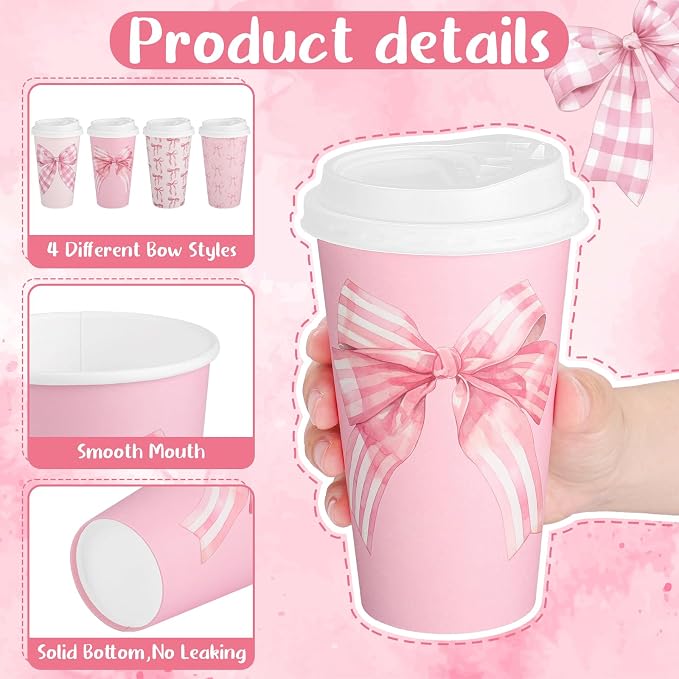 100 Pack Coquette Pink Bow Disposable Coffee Cups with Lids, 16 oz Valentine's Day Cute Bowknot Paper Cup Insulated Coffee Cup for Birthday Anniversay Baby Shower Bachelorette Party Supplies, 4 Styles