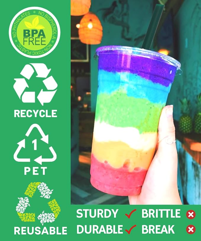Aatriet [100 Sets] 32 oz Clear Plastic Cups with Lids and STRAWS, Disposable Party Cups for To Go Iced Coffee Cold Drinks, Smoothie, Juice, Parfait, Frappuccino, Milkshake. No Leaking Fruit Cup