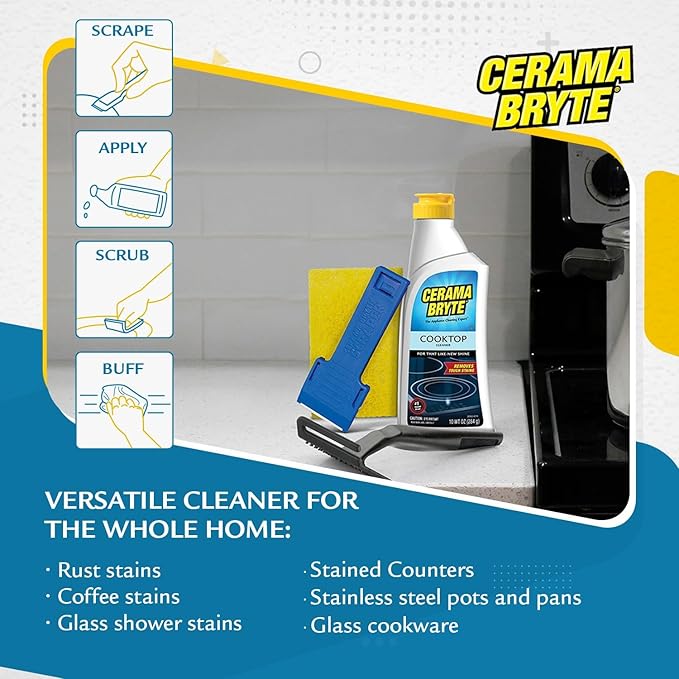 Cerama Bryte Complete Cooktop Cleaning Kit, 10 Cleaner Pads, 1 POW-R Grip Tool, 1 Scraper, and 1 Microfiber Cloth, 28 Fl Oz