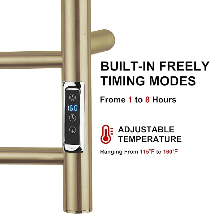 Heated Towel Racks for Bathroom, Wall Mounted Electric Towel Warmer Racks with Timer & Temperature Control,Heater for Bathroom, Brushed (Round-Brushed Gold, 4 Bars)