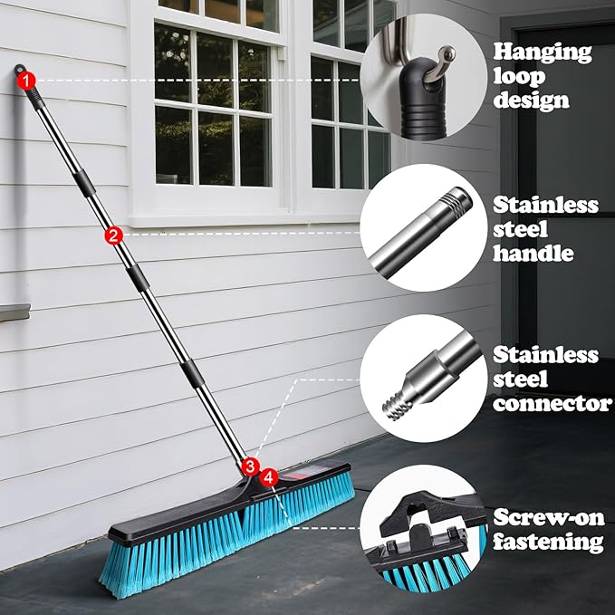 MASTERTOP 24" Heavy Duty Push Broom with Ultra-Sturdy Adjustable Handle, 6-Layer Stiff Bristles Garden Yard Broom, Outdoor Sweeping Brush for Garage, Patio, Driveway, Warehouse, Deck, Tile & Concrete
