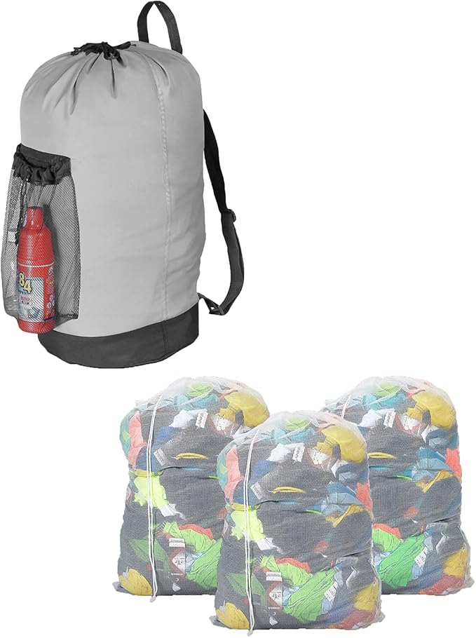 Dalykate Laundry Bag with Shoulder Straps and Mesh Pocket and Mesh Laundry Bags 3 Pack, 2 Item Bundle
