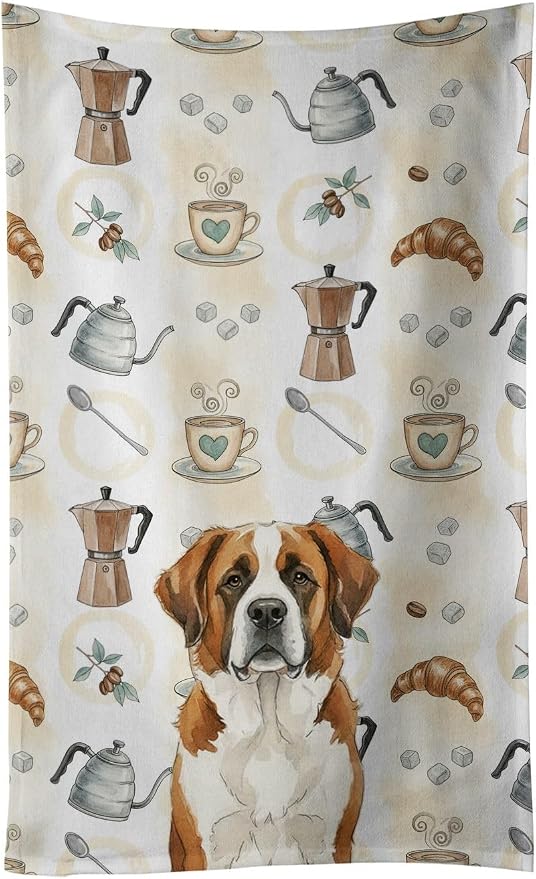 Caroline's Treasures Brown and White Saint Bernard Coffee Bar Kitchen Towel Velour Plush Front and Cotton Loop Back Machine Washable