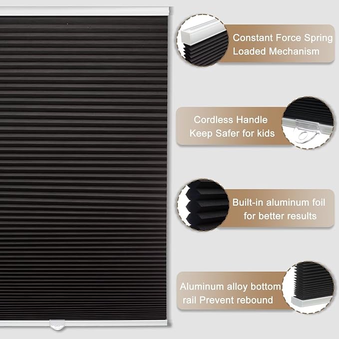 MYshade Cordless Blackout Cellular Shades, 1.5" Honeycomb Window Blinds for Bedroom & Nursery, Thermal Insulated, Noise Reducing, Privacy Shades, Inside or Outside Mount (28" W x 50" H, Black)