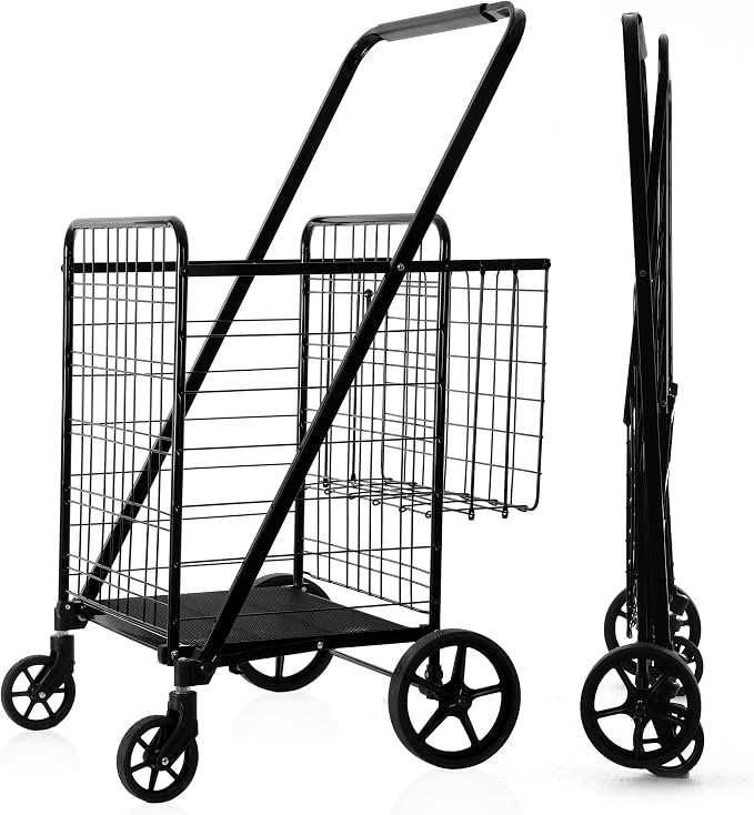 BIEAMA Folding Shopping Cart, 450 Lb Capacity Grocery Cart, Extra Large | Heavy Duty Utility Cart with 360 Rolling Swivel Wheels, Extra Basket