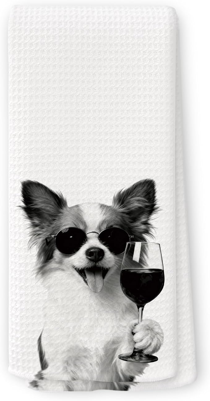 Funny Papillon Wine Kitchen Towels, Gifts for Dog Wine Lovers, Bar Accessories Dish Tea Towels for Kitchen, Dog Owners Housewarming Gift Decorative Hand Towel 16x24 Inch