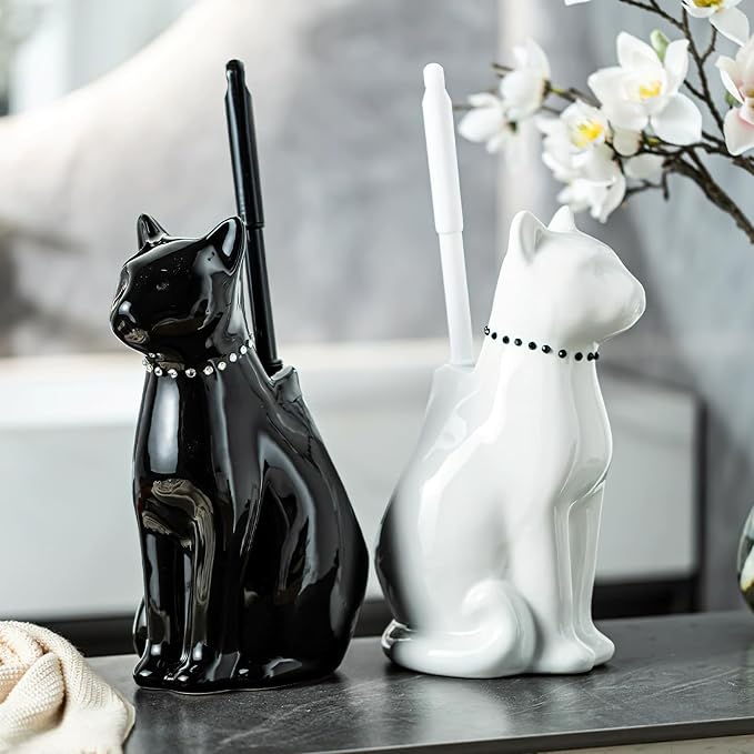 Cat Toilet Brush Holder - Ceramic Whimsical Feline Design with Wide-Mouth Storage, Black Toilet Bowl Brush and Holder Set Cute for Bathroom Ground, Easy-Clean Cat Lover Gift (Black)