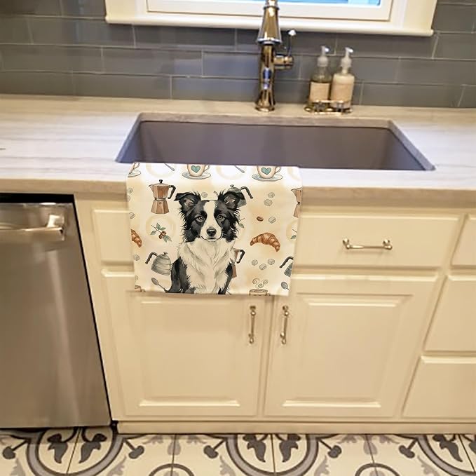 Caroline's Treasures Border Collie Coffee Bar Kitchen Towel Velour Plush Front and Cotton Loop Back Machine Washable