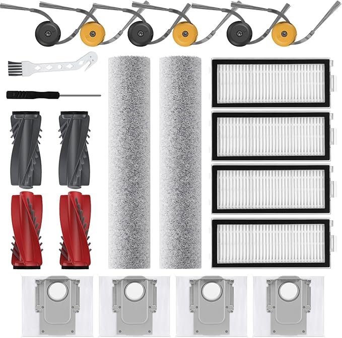 22 Pack Replacement Parts Accessories kit For Roborock Qrevo Curv 2 Flow Robot Vacuum and Mop,4 Main Brush 2 Roller Mop Cloth 4 Hepa Filter 6 Side Brush 4 Dust Bag 2 Cleaning Tool