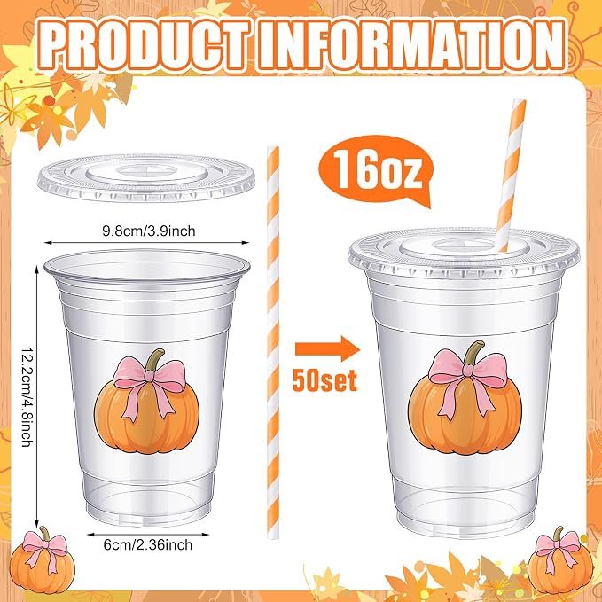 Sliner 50 Pcs 16 oz Coquette Disposable Plastic Cups with Straw for Party Supplies Bow Cups Birthday Wedding Bridal Engagement Party Drinkware Baby Shower Decoration (Pumpkin)