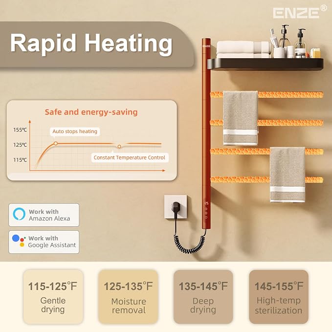 ENZE Smart Rotating Heated Towel Rack for Bathroom, 4-Bar Wall-Mounted Electric Towel Warmer with Swivel Shelf, Wi-Fi App Control, 24H Timer, Stainless Steel, IPX5, Hardwired/Plug-in, Matte Black