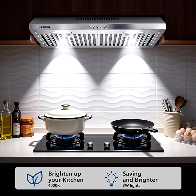 30 Inch Under Cabinet Range Hood - 600 CFM Ducted/Ductless Convertible Kitchen Vent Hood, Stainless Steel, 3 Speed with Baffle Filters & 2 LED Lights Brushed Finish, ETL Certification