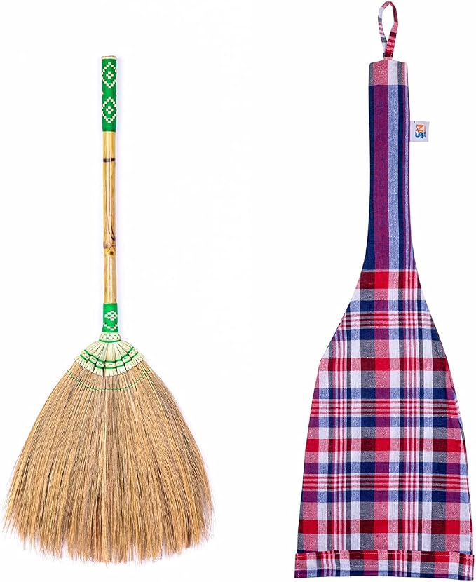 Asian Flower Grass Broom Witch Broom Bamboo Stick Handle Red or Green on Random